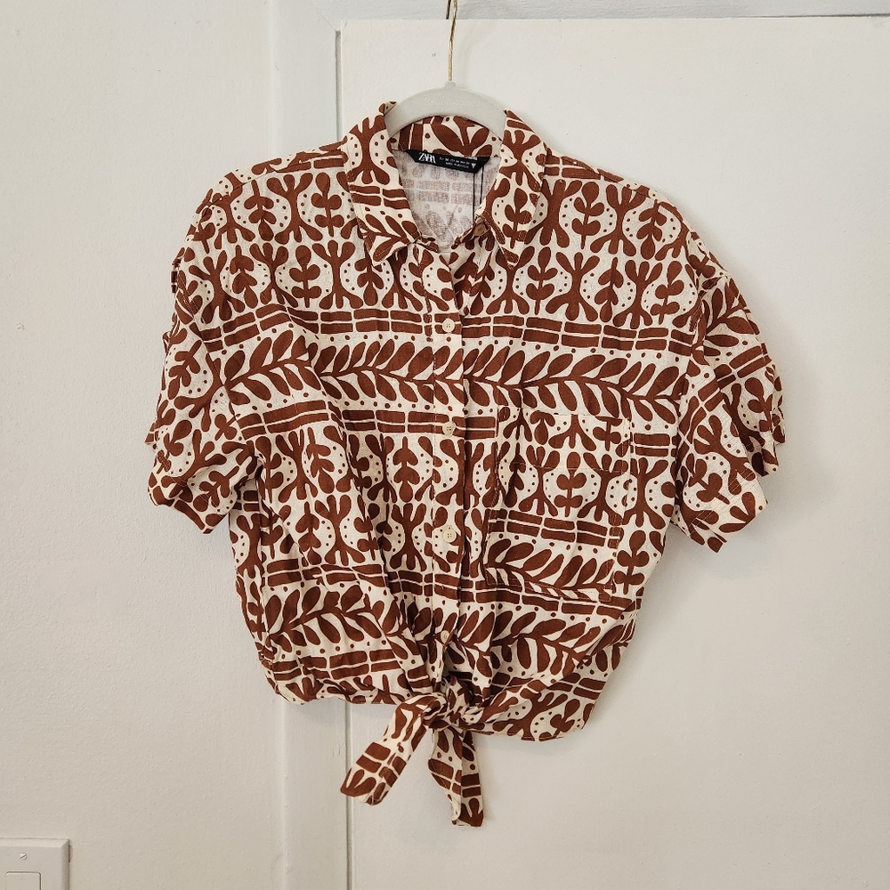 Zara Brown and White Button Down Shirt with Tie Front